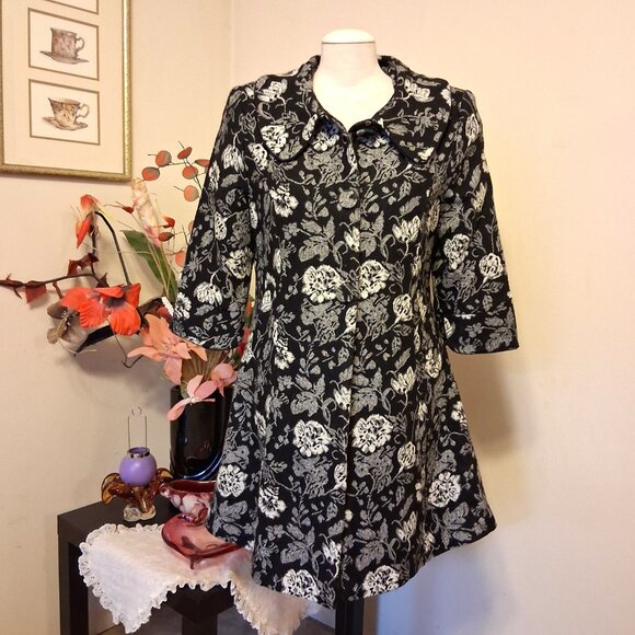 NEW Women’s Elegant Pea Coat Black White Floral Lined Trench Coat ¾ Sleeve 18 XL - Picture 2 of 9